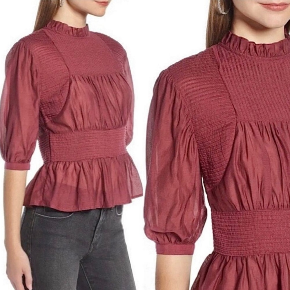 SOMETHING NAVY Blouse Pleated Peplum Button Back Edwardian Cabernet Wine Blouse